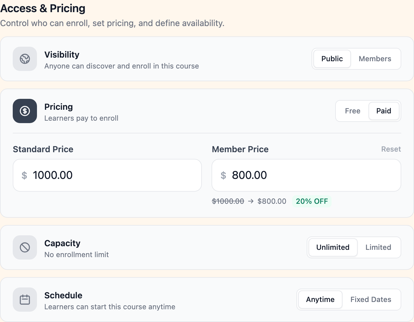 Access and pricing controls for visibility, pricing, and capacity