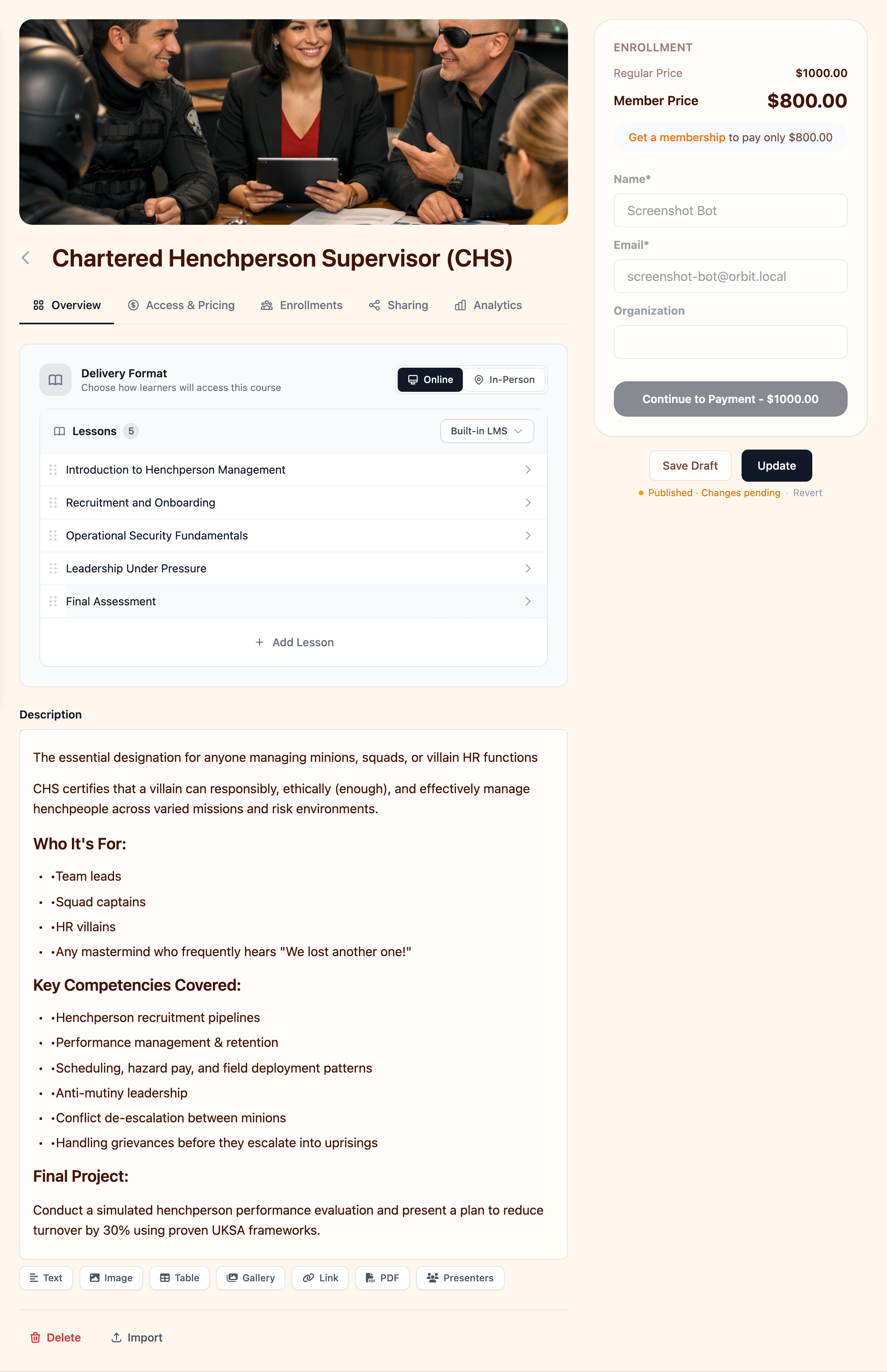 Course edit page showing the lessons panel with ordered lessons