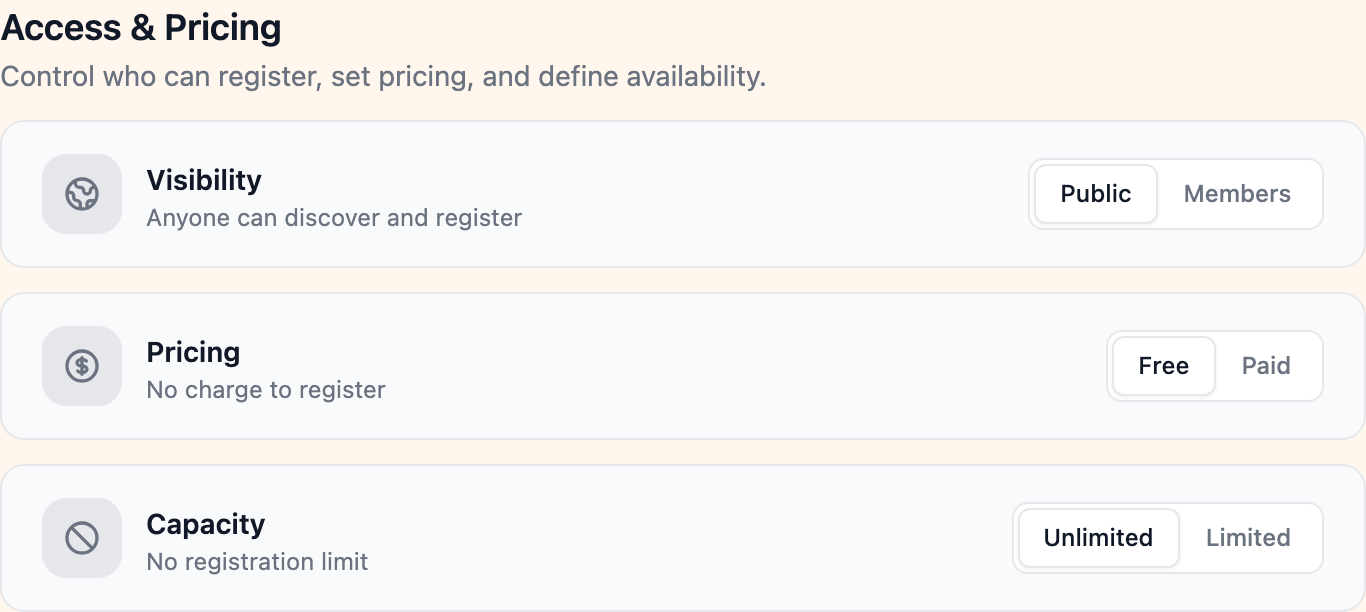 Access and pricing controls for visibility, pricing, and capacity