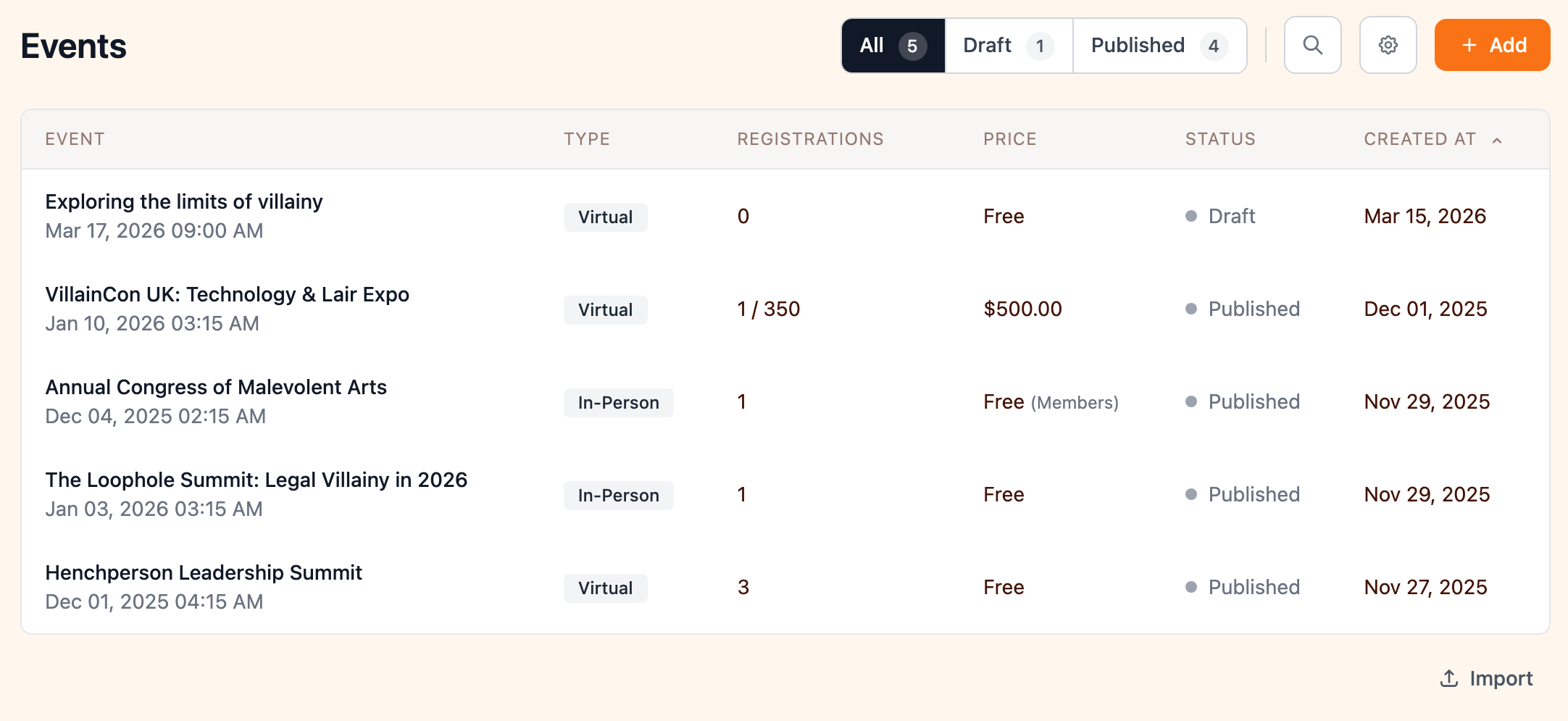 Events list in the admin portal