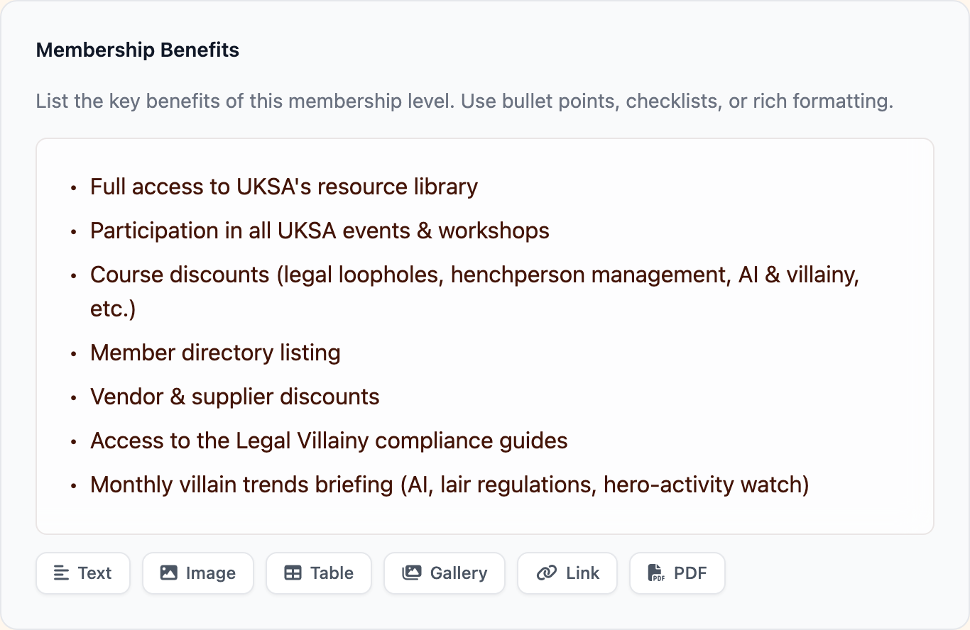 Benefits editor with rich text formatting