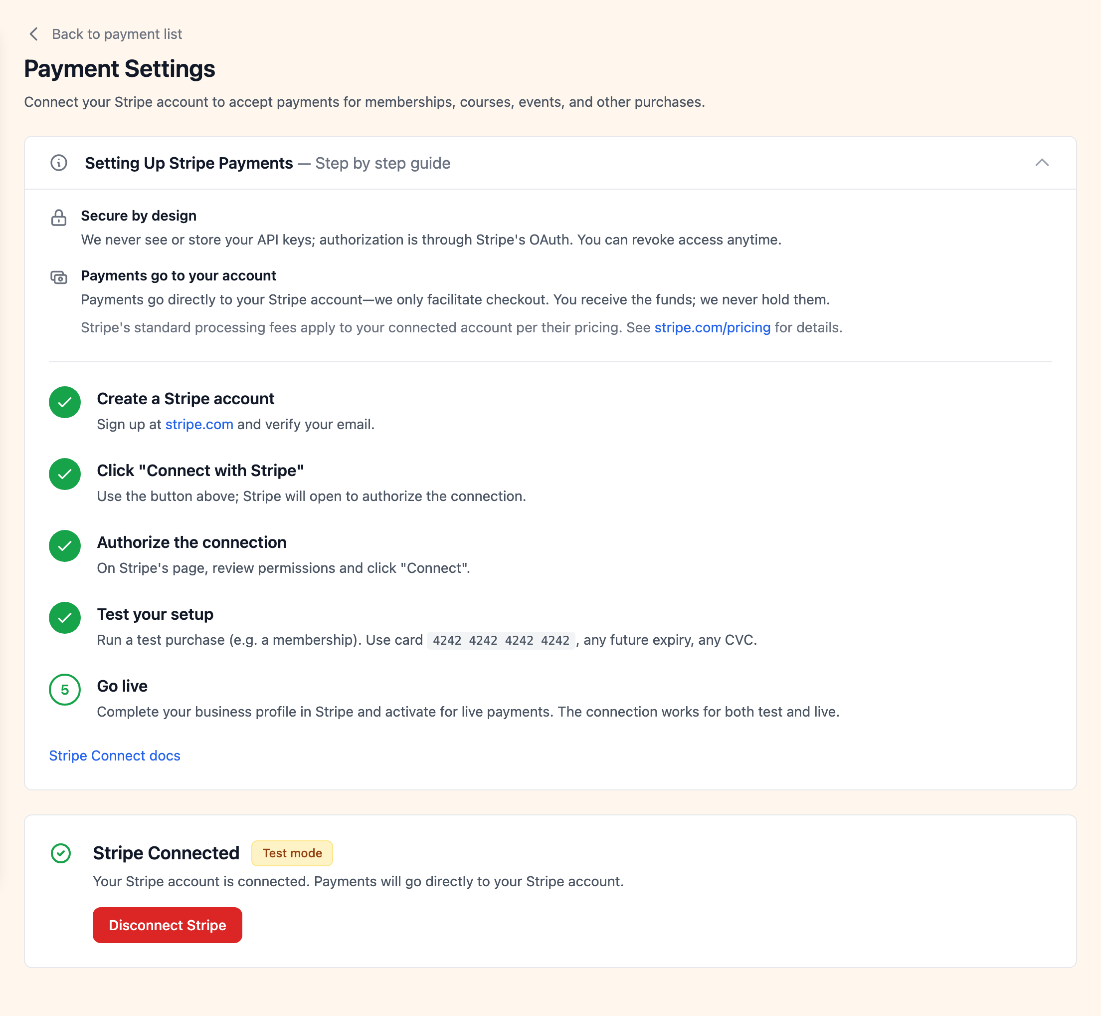Payment settings with Stripe connection