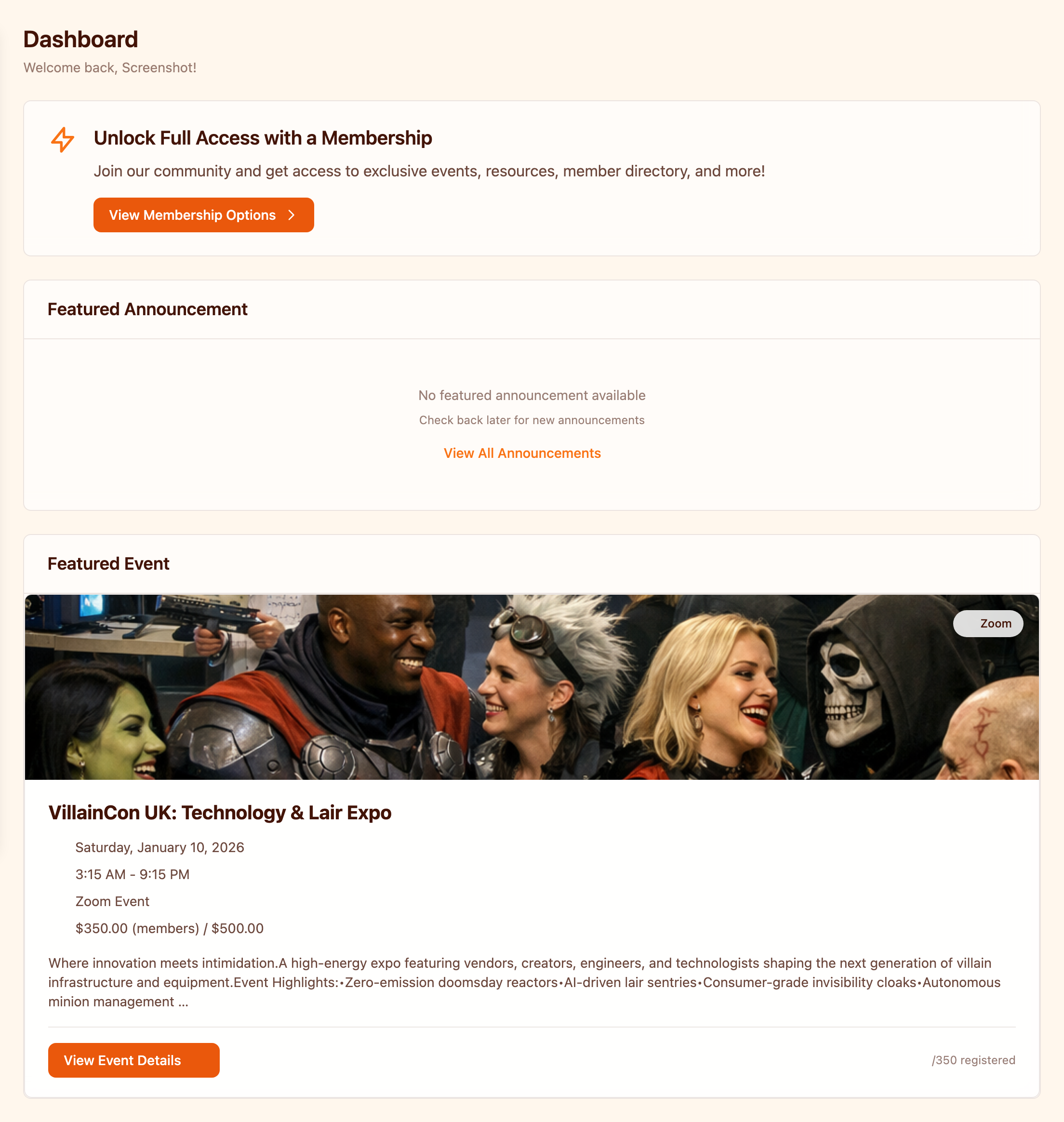 Member dashboard with widgets