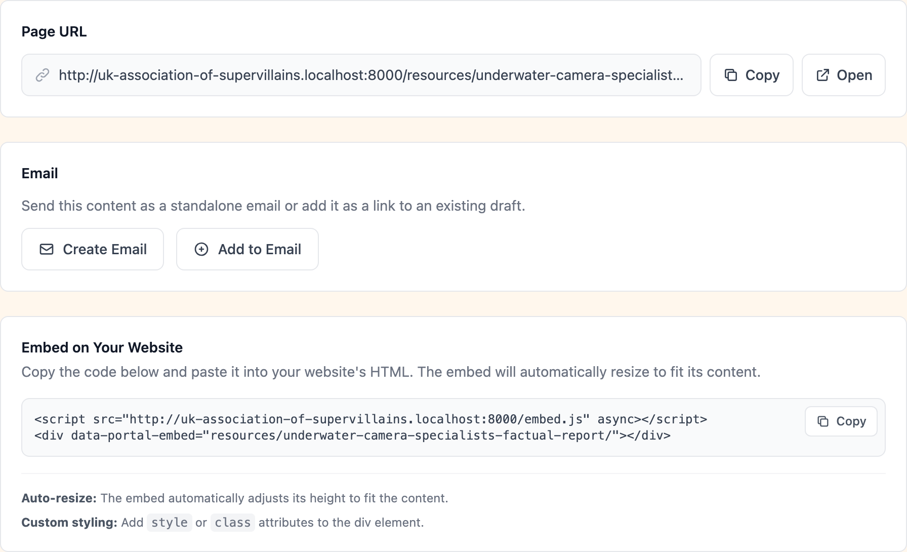 Sharing tab with page URL, email, and embed options