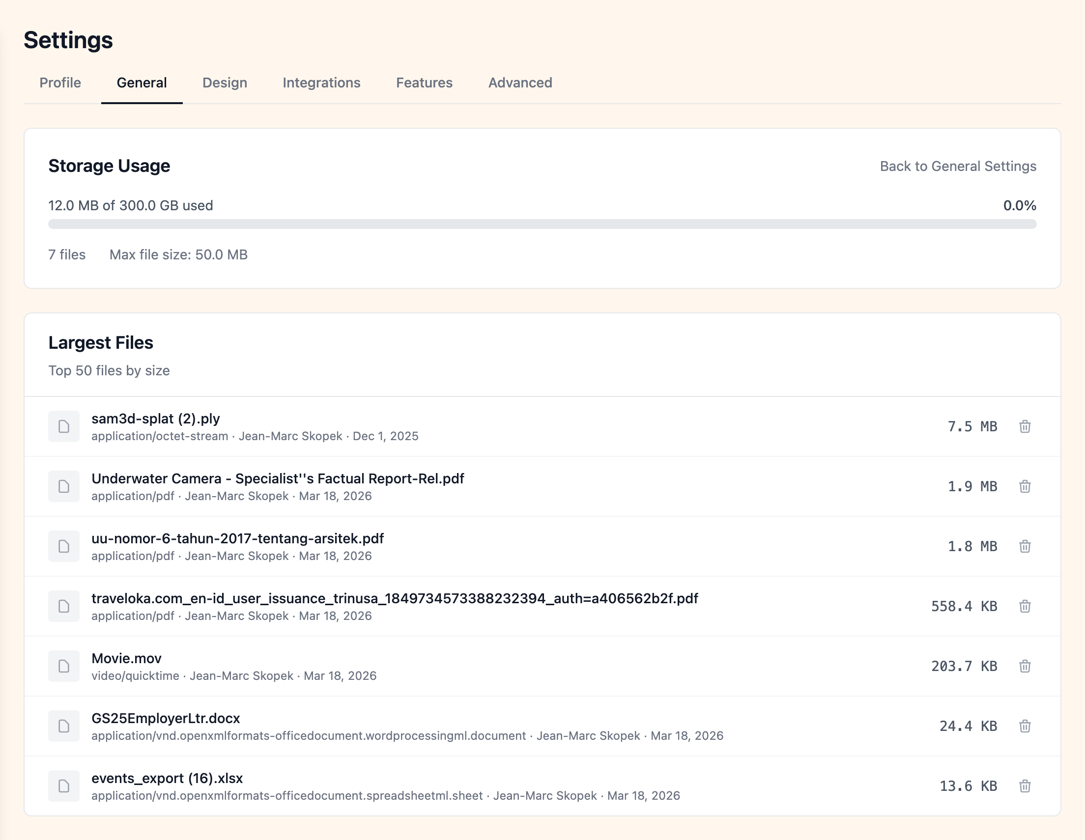 File management page with storage usage and file list